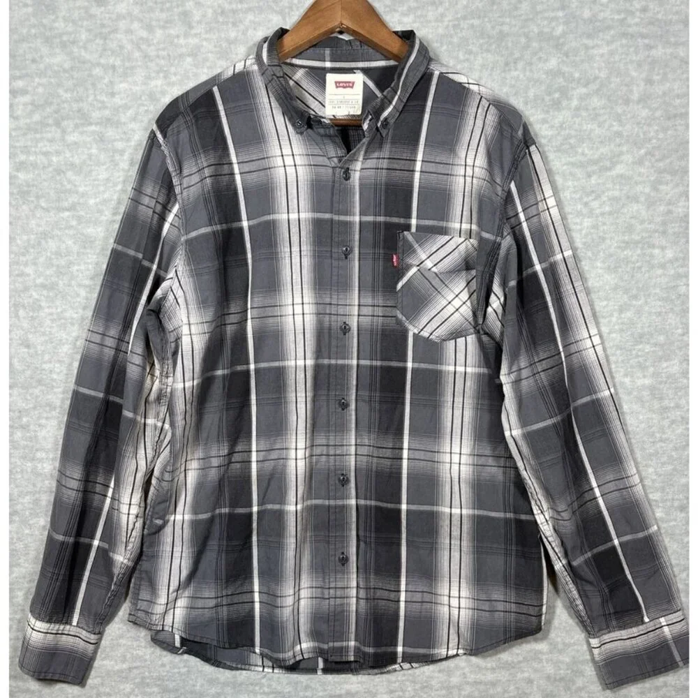Levi's Gray Plaid Long Sleeve‎ Button Up Mens Shirt Size L